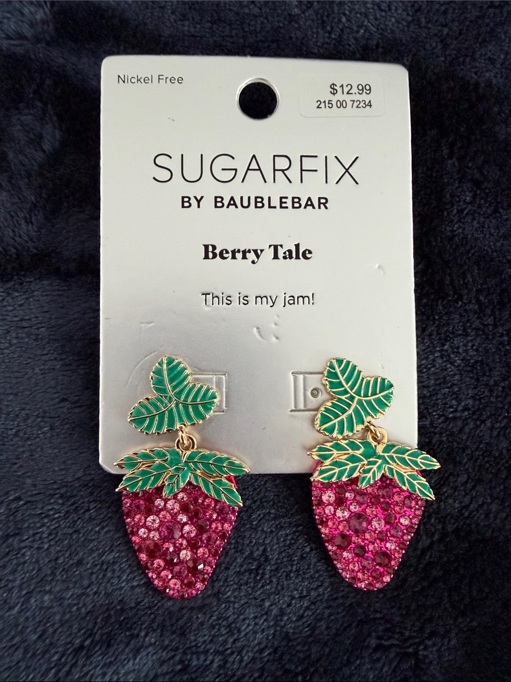 BaubleBar Pink Crystal Strawberry Drop Earrings with Green Enamel Leaves